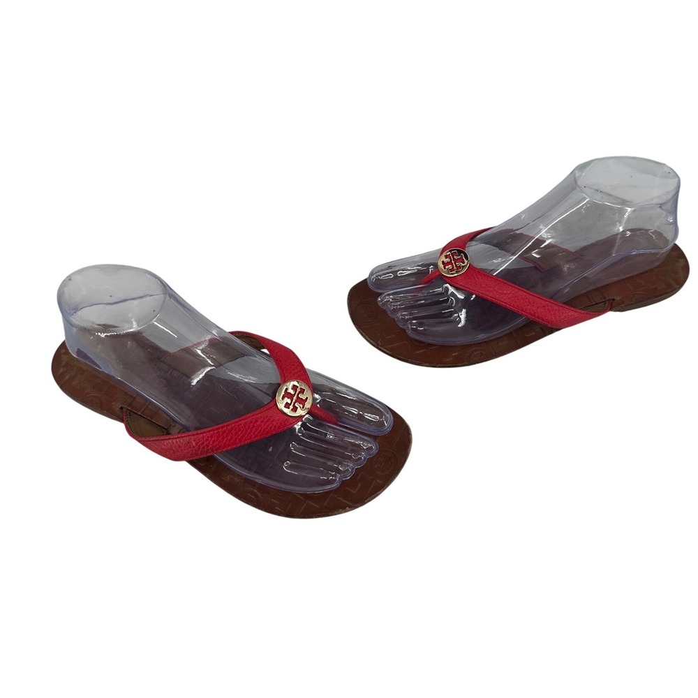 Tory Burch Thora Red Leather Logo Thong Flip Flop Sandals Women's 8M 35055